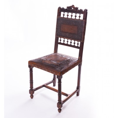 Komplet 6 eklektycznych, skórzanych krzeseł, koniec XIX wieku.
